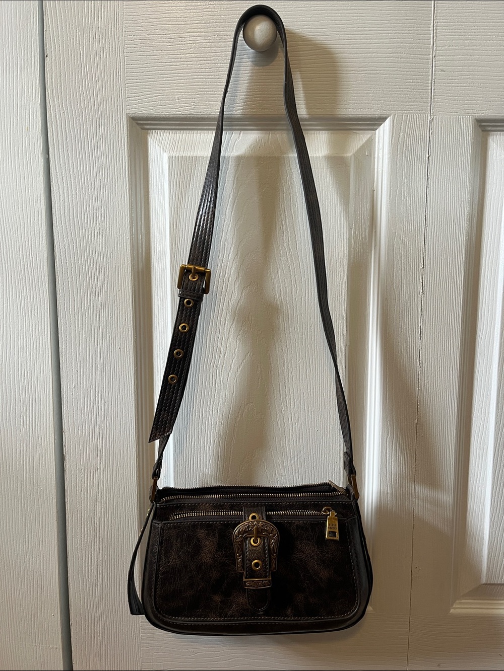 Steve Madden Brown Leather Crossbody Bag with Buckle Accent